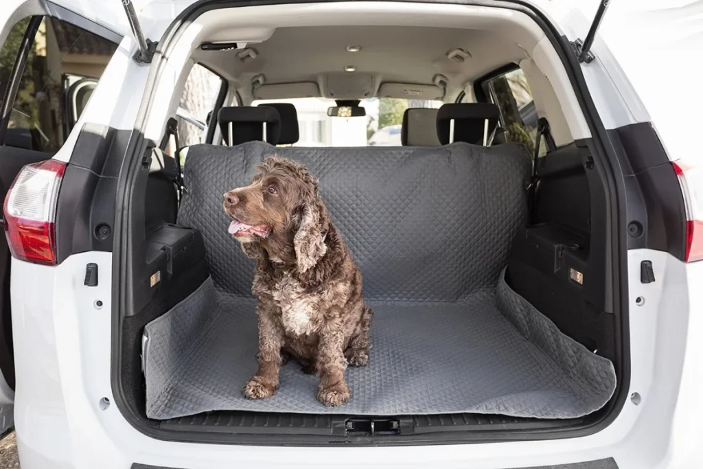 Perro viajando seguro sobre protector de coche para mascotas de ProtectSofa, acolchado y antideslizante